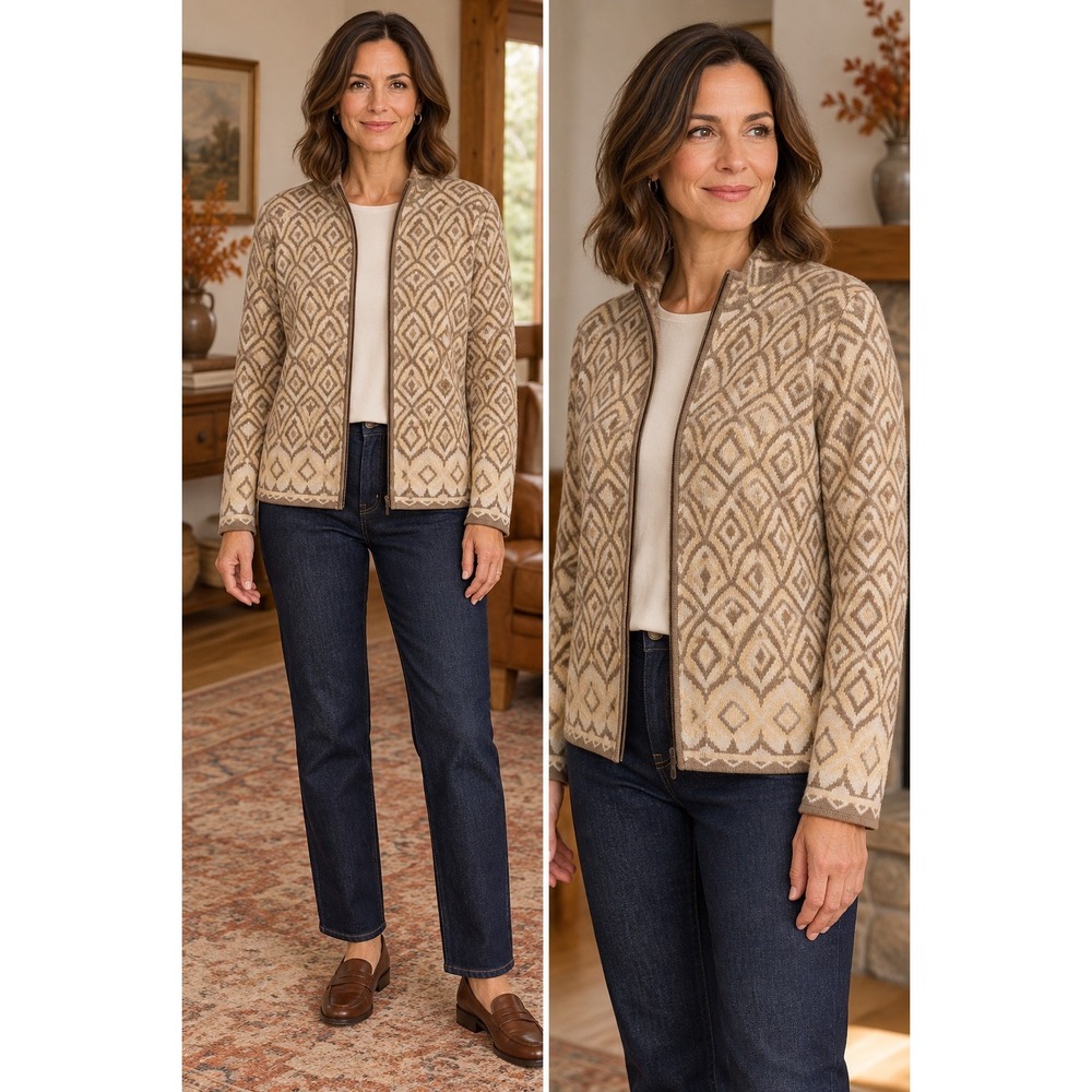 Pendleton Women's Cream white100% Merino Wool Full Zip Knit Sweater Med Luxury